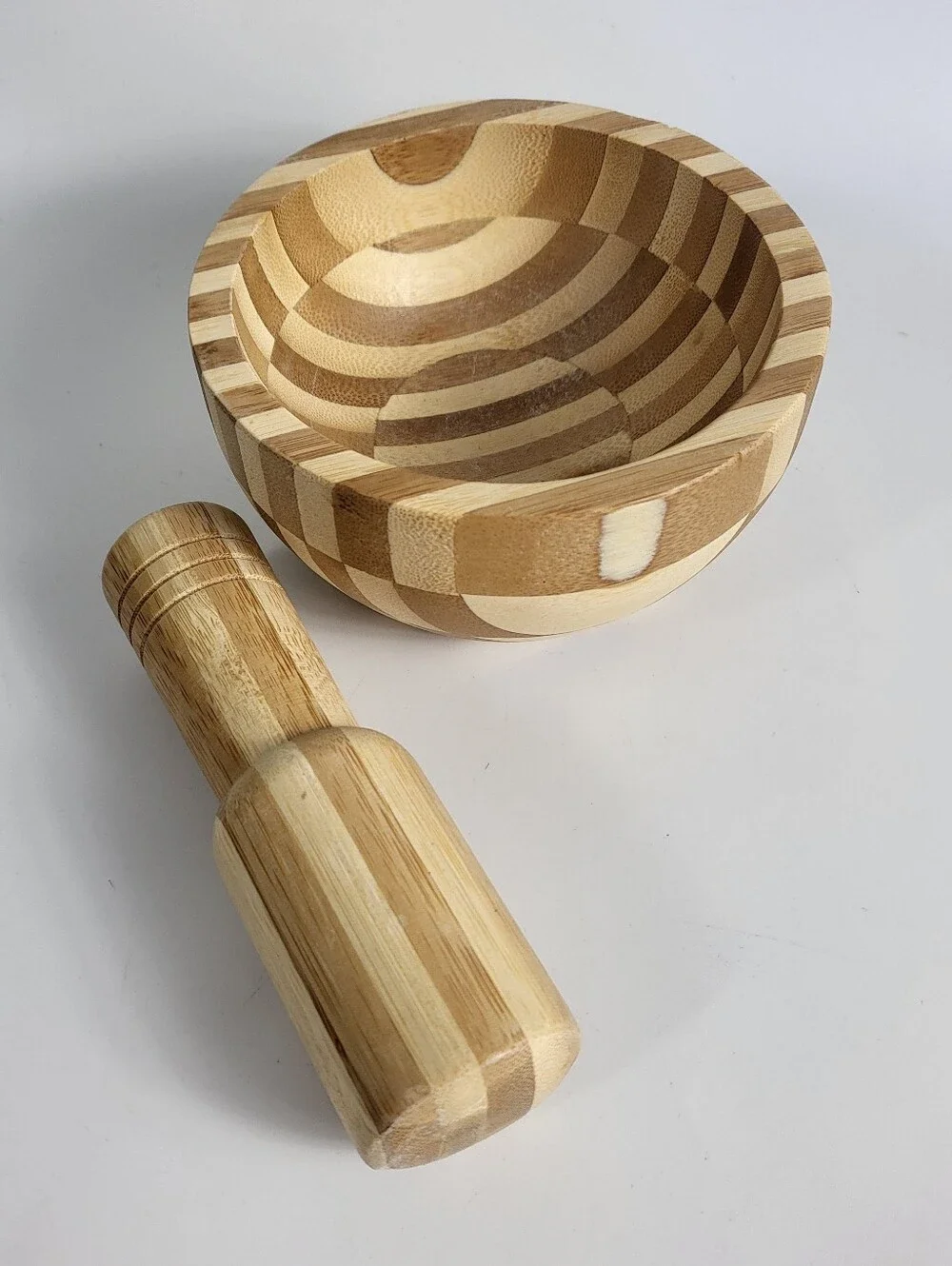 Natural Bamboo Mortar and Pestle - Two-Tone Wood Modern Organic Primitive Art